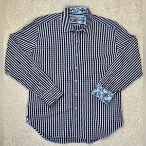 Robert Graham Shirt Button Up Flip Cuff Purple Gingham Embroidered Size XL Slim